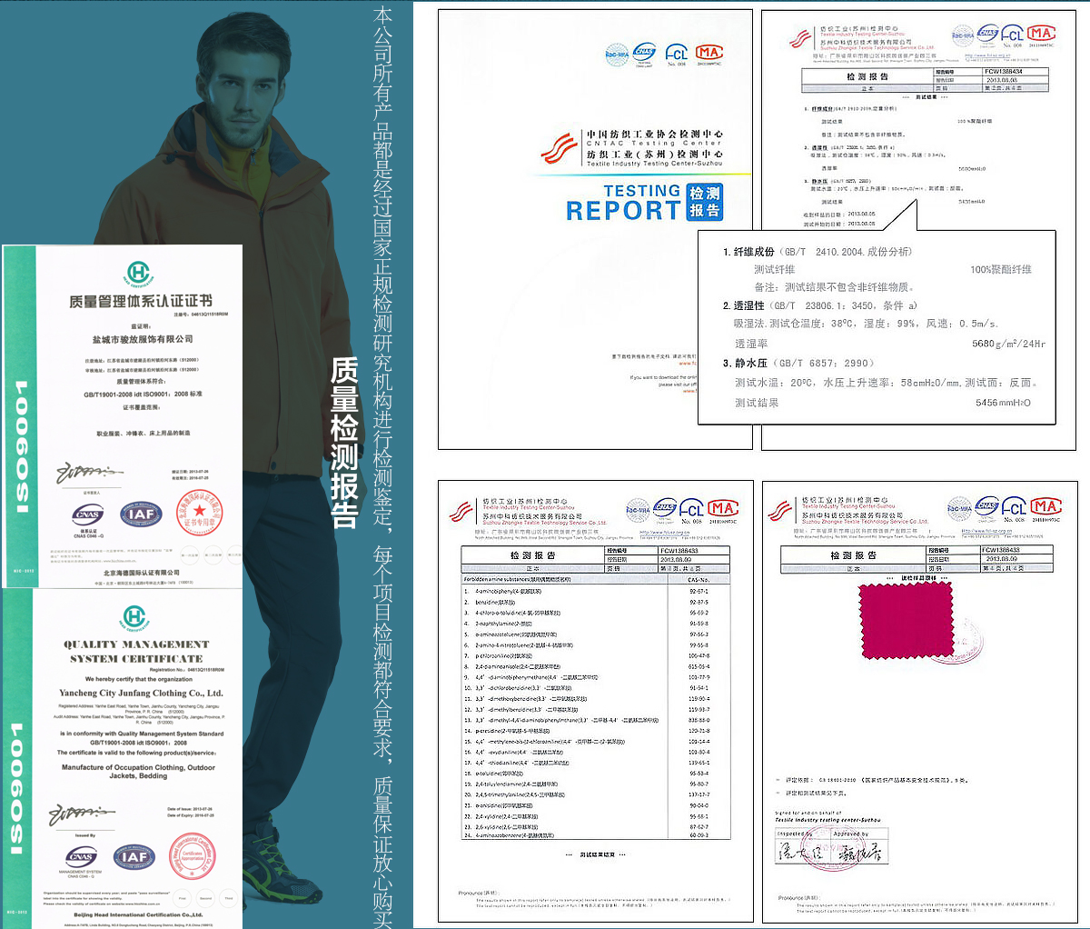 沖鋒衣廠家面料檢測(cè)證書