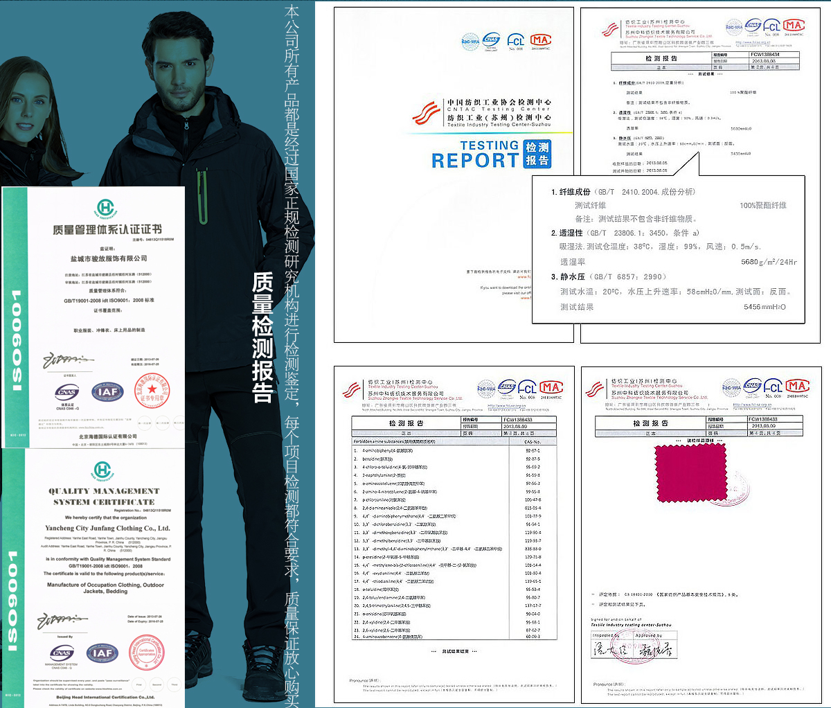 沖鋒衣班服面料檢測證書